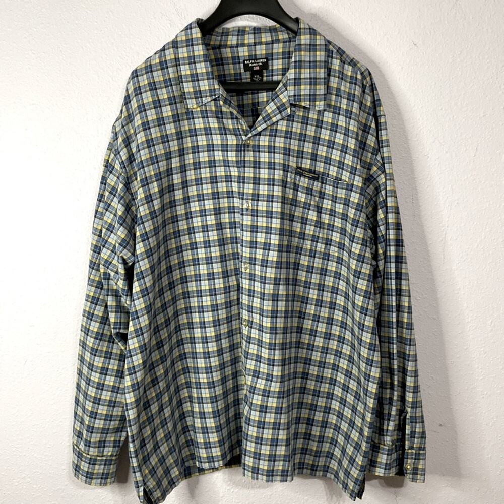 Ralph Lauren Jeans Co. Men Blue/Yellow Olaid Long Sleeve Button Down Shirt XXL